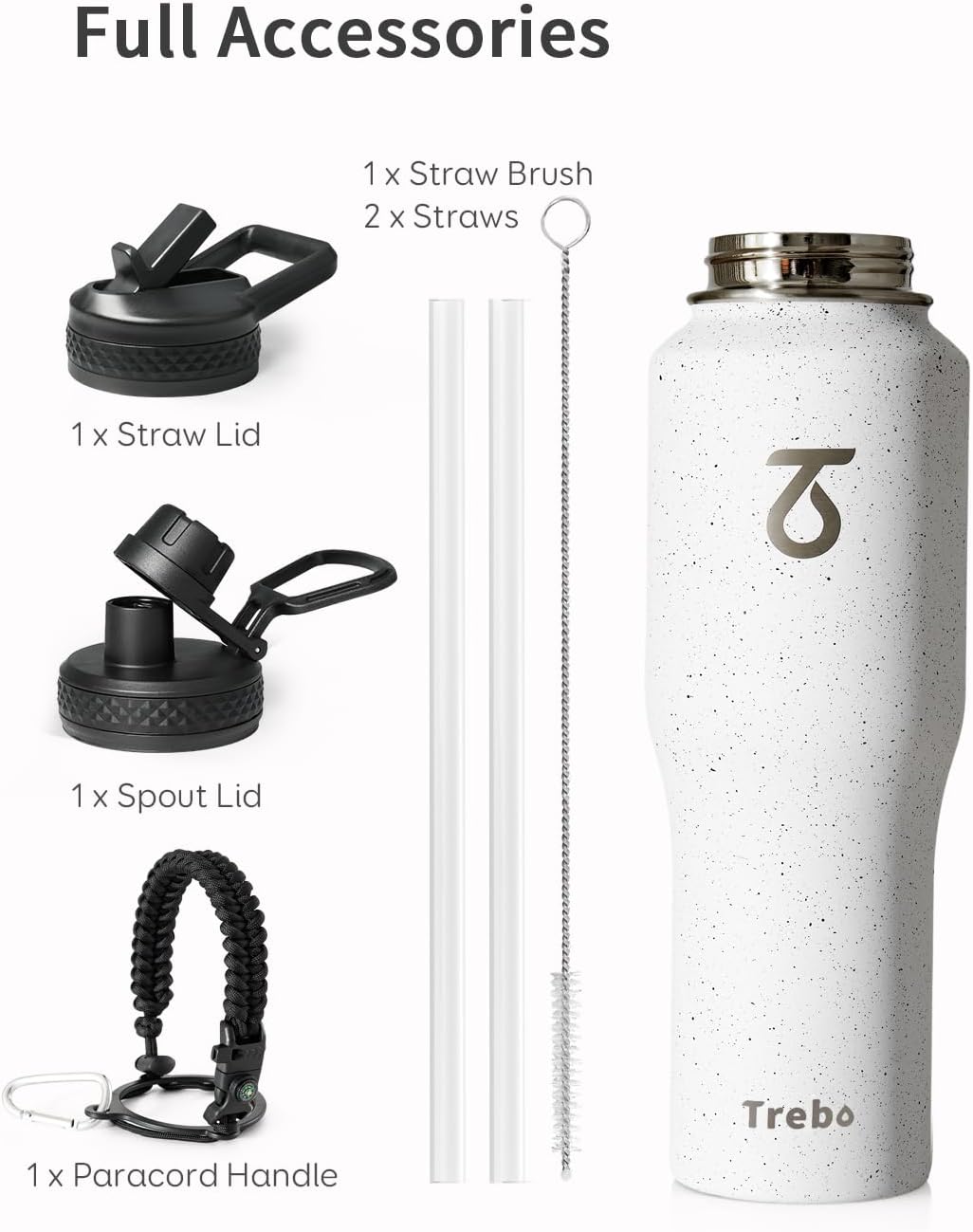Trebo Insulated Water Bottle 40 oz Fits in Car Cup Holder with Side Handle