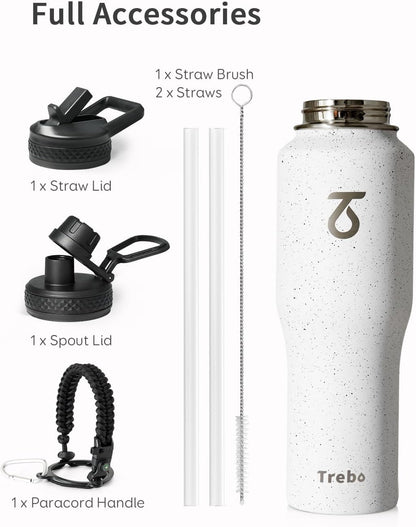Trebo Insulated Water Bottle 40 oz Fits in Car Cup Holder with Side Handle