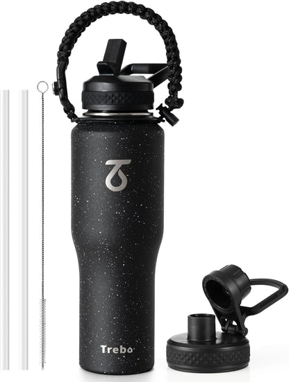 Trebo Insulated Water Bottle 40 oz Fits in Car Cup Holder with Side Handle