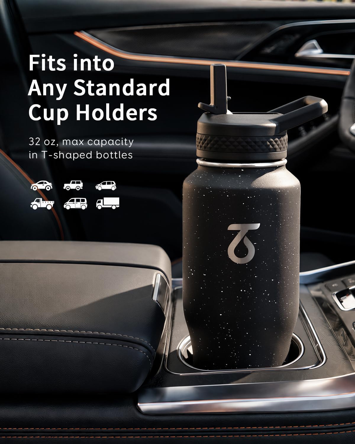 Trebo Insulated Water Bottle 40 oz Fits in Car Cup Holder with Side Handle