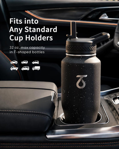 Trebo Insulated Water Bottle 40 oz Fits in Car Cup Holder with Side Handle