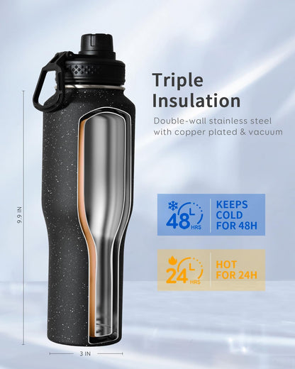 Trebo Insulated Water Bottle 40 oz Fits in Car Cup Holder with Side Handle