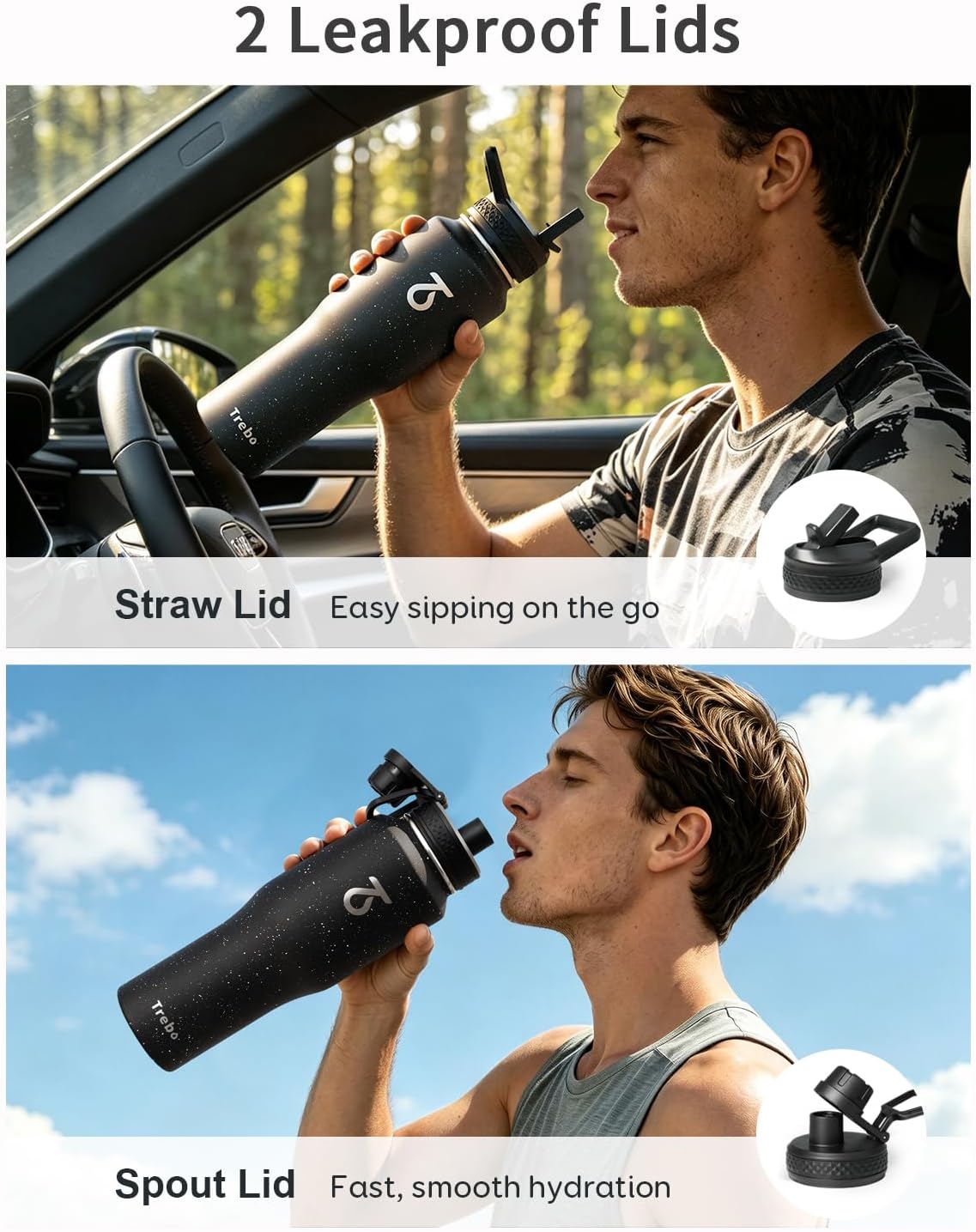 Trebo Insulated Water Bottle 40 oz Fits in Car Cup Holder with Side Handle