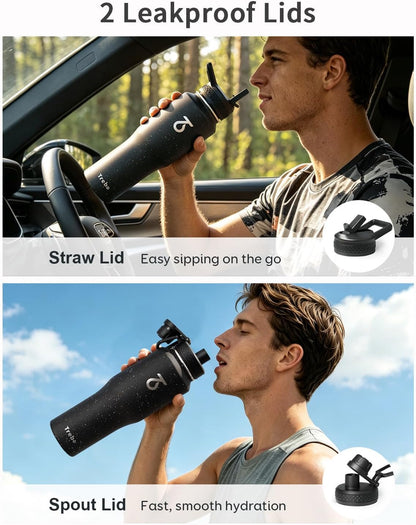 Trebo Insulated Water Bottle 40 oz Fits in Car Cup Holder with Side Handle