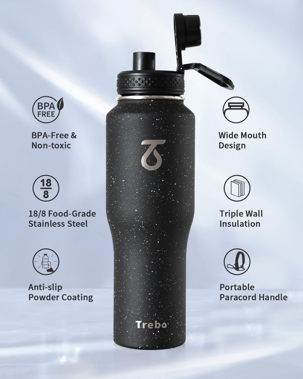Trebo Insulated Water Bottle 40 oz Fits in Car Cup Holder with Side Handle
