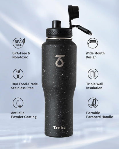 Trebo Insulated Water Bottle 40 oz Fits in Car Cup Holder with Side Handle