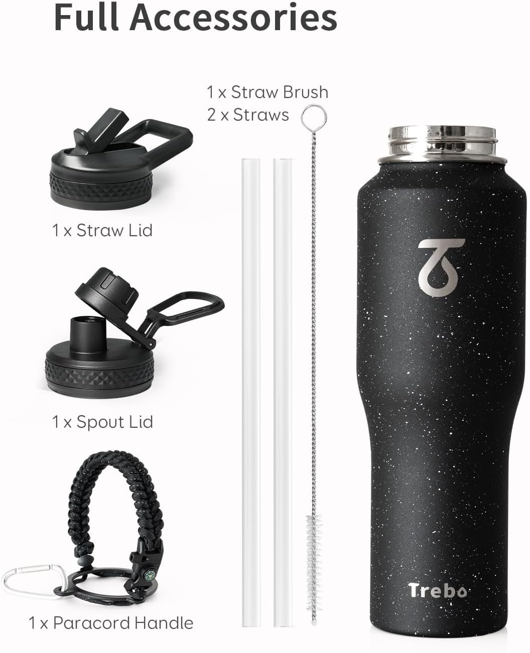 Trebo Insulated Water Bottle 40 oz Fits in Car Cup Holder with Side Handle