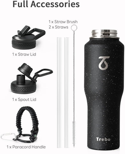 Trebo Insulated Water Bottle 40 oz Fits in Car Cup Holder with Side Handle