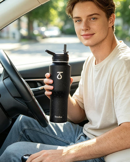 Trebo Insulated Water Bottle 40 oz Fits in Car Cup Holder with Side Handle