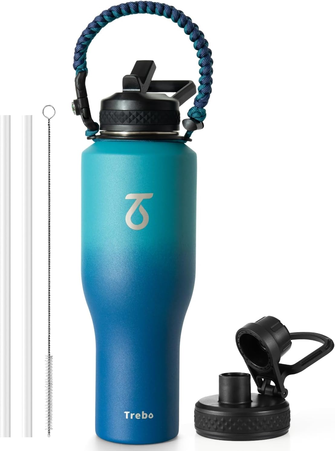 Trebo Insulated Water Bottle 40 oz Fits in Car Cup Holder with Side Handle
