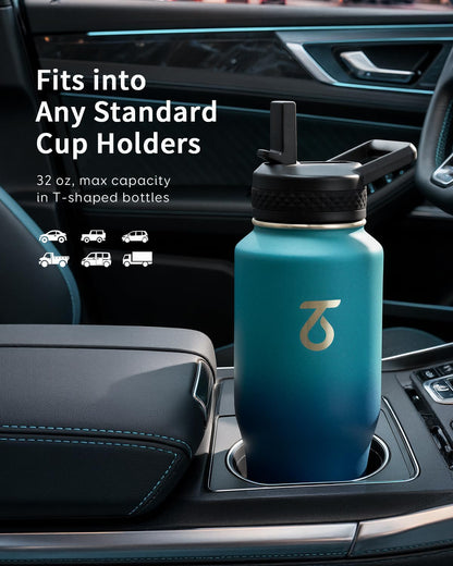 Trebo Insulated Water Bottle 40 oz Fits in Car Cup Holder with Side Handle