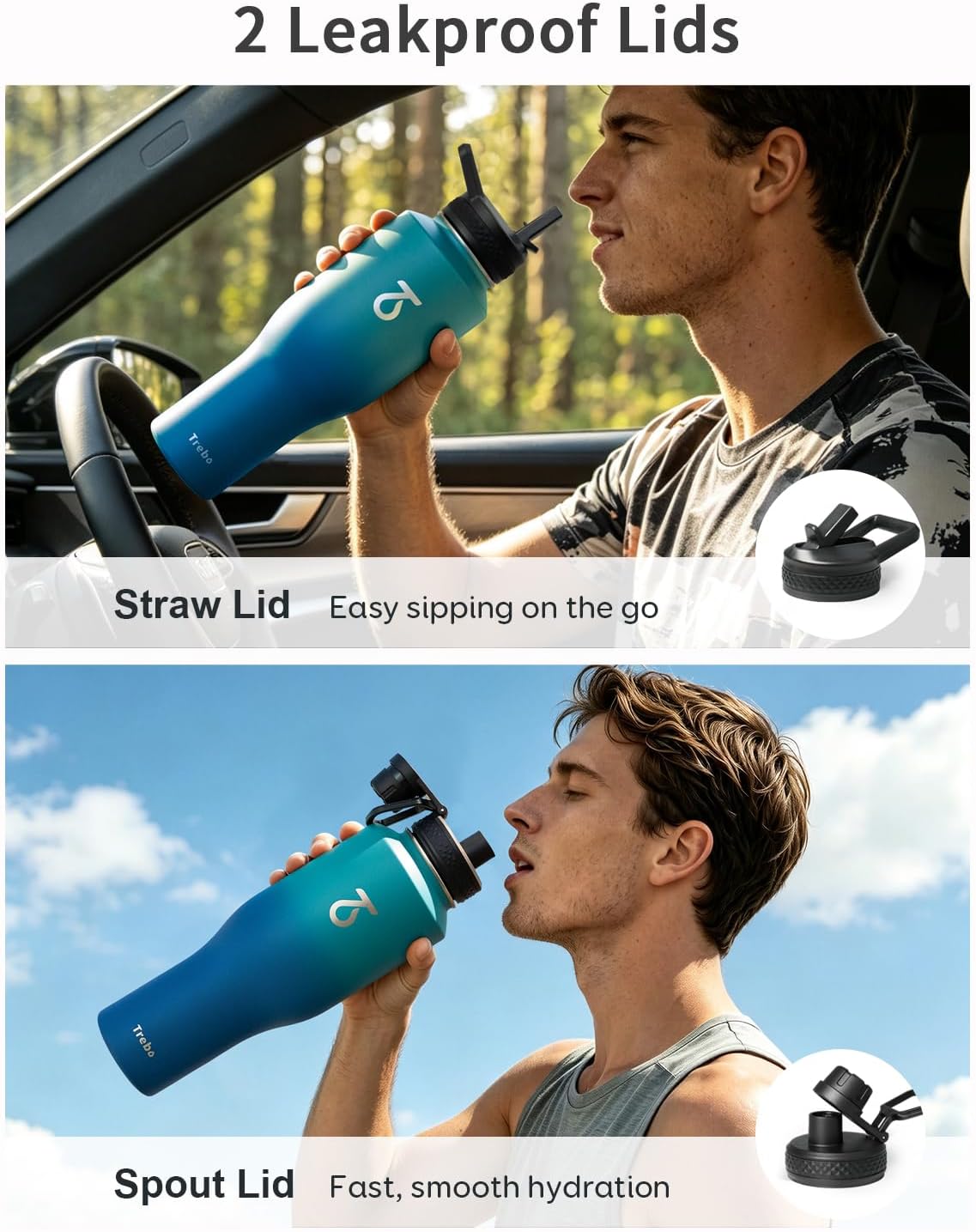Trebo Insulated Water Bottle 40 oz Fits in Car Cup Holder with Side Handle