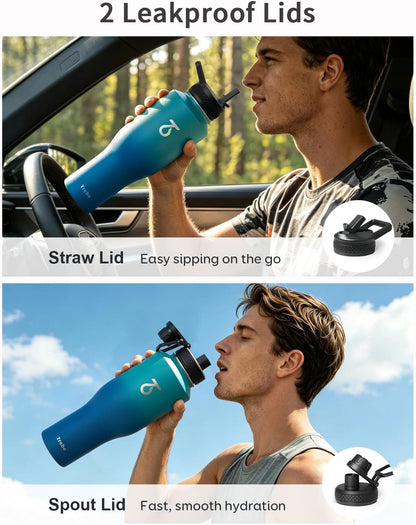 Trebo Insulated Water Bottle 40 oz Fits in Car Cup Holder with Side Handle