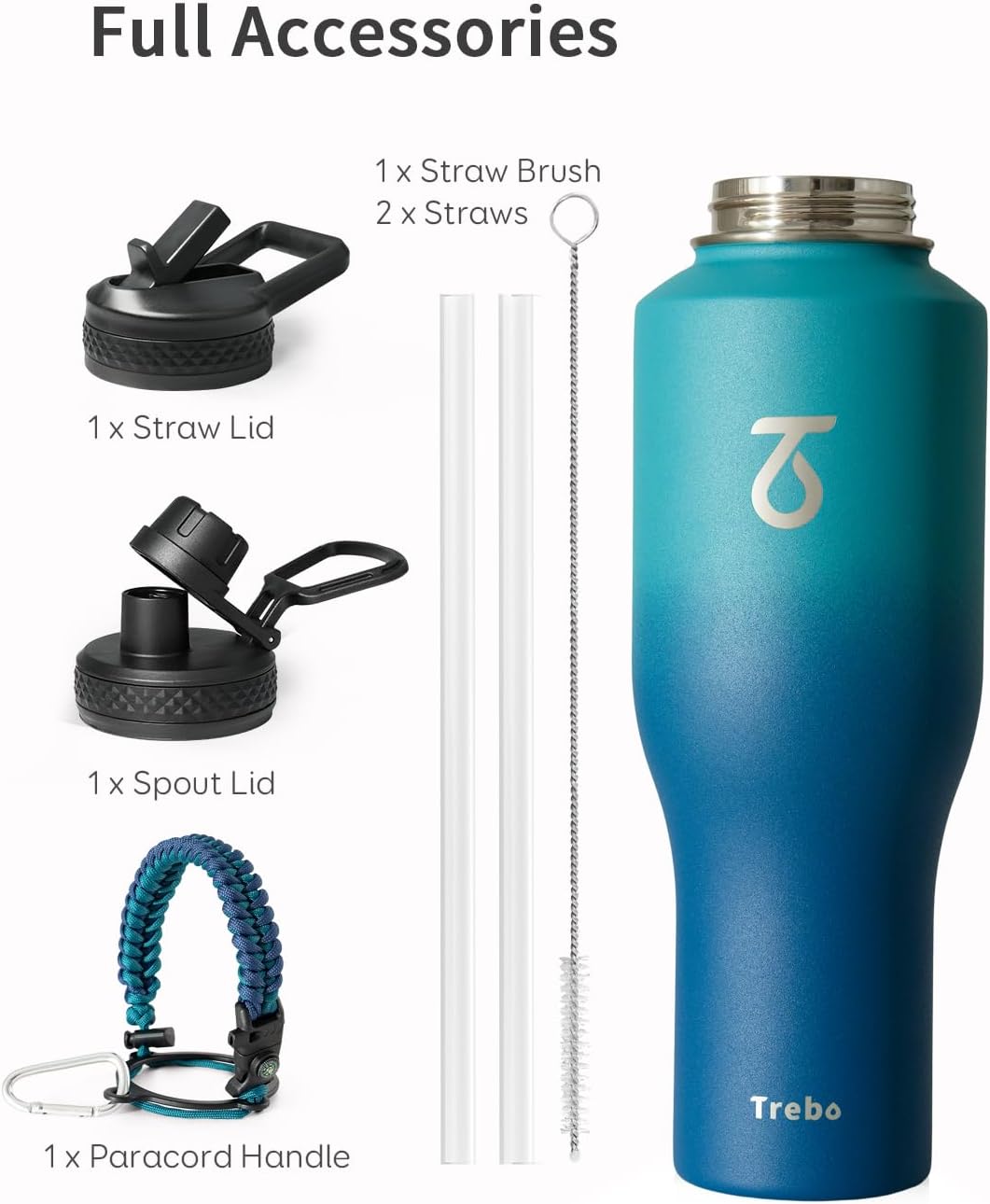 Trebo Insulated Water Bottle 40 oz Fits in Car Cup Holder with Side Handle