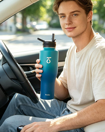 Trebo Insulated Water Bottle 40 oz Fits in Car Cup Holder with Side Handle
