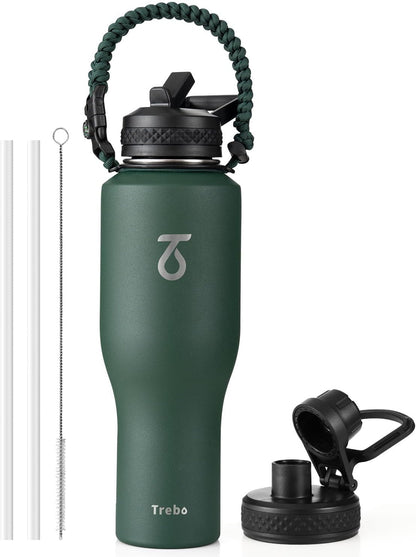 Trebo Insulated Water Bottle 40 oz Fits in Car Cup Holder with Side Handle