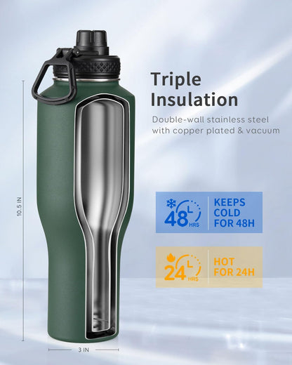 Trebo Insulated Water Bottle 40 oz Fits in Car Cup Holder with Side Handle
