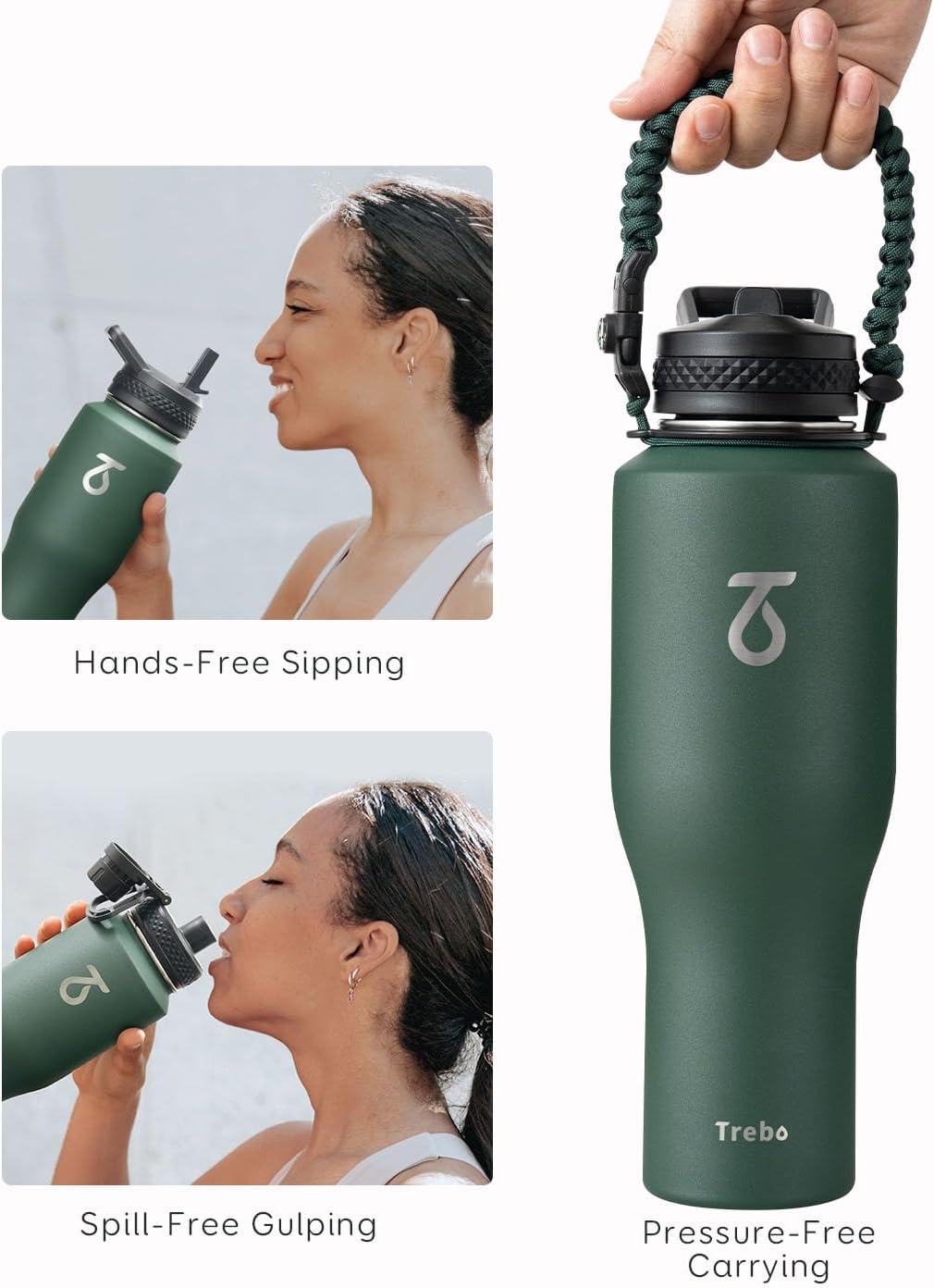Trebo Insulated Water Bottle 40 oz Fits in Car Cup Holder with Side Handle