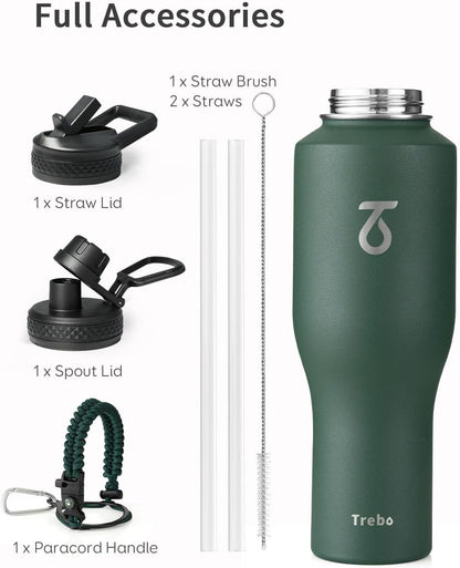 Trebo Insulated Water Bottle 40 oz Fits in Car Cup Holder with Side Handle