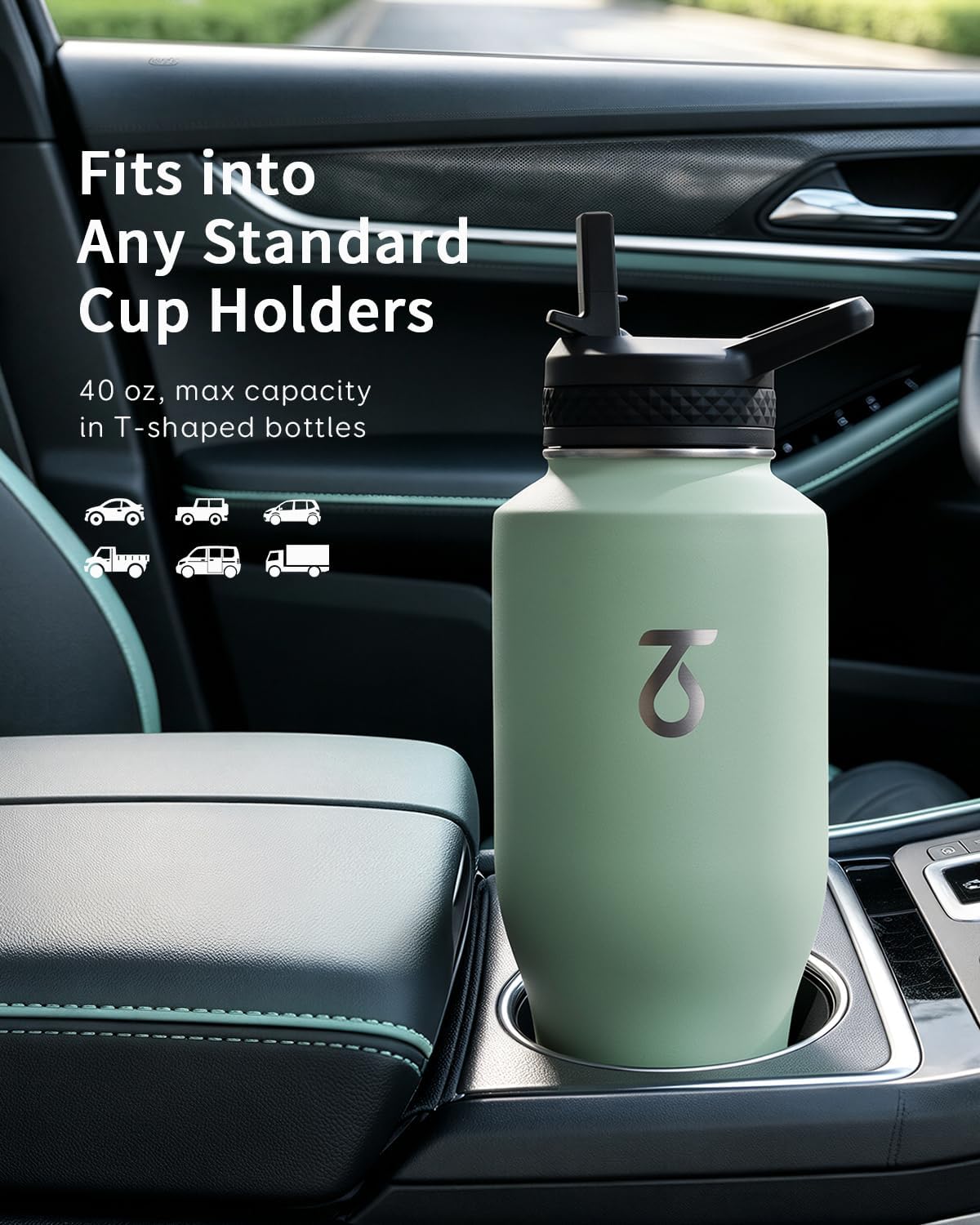 Trebo Insulated Water Bottle 40 oz Fits in Car Cup Holder with Side Handle