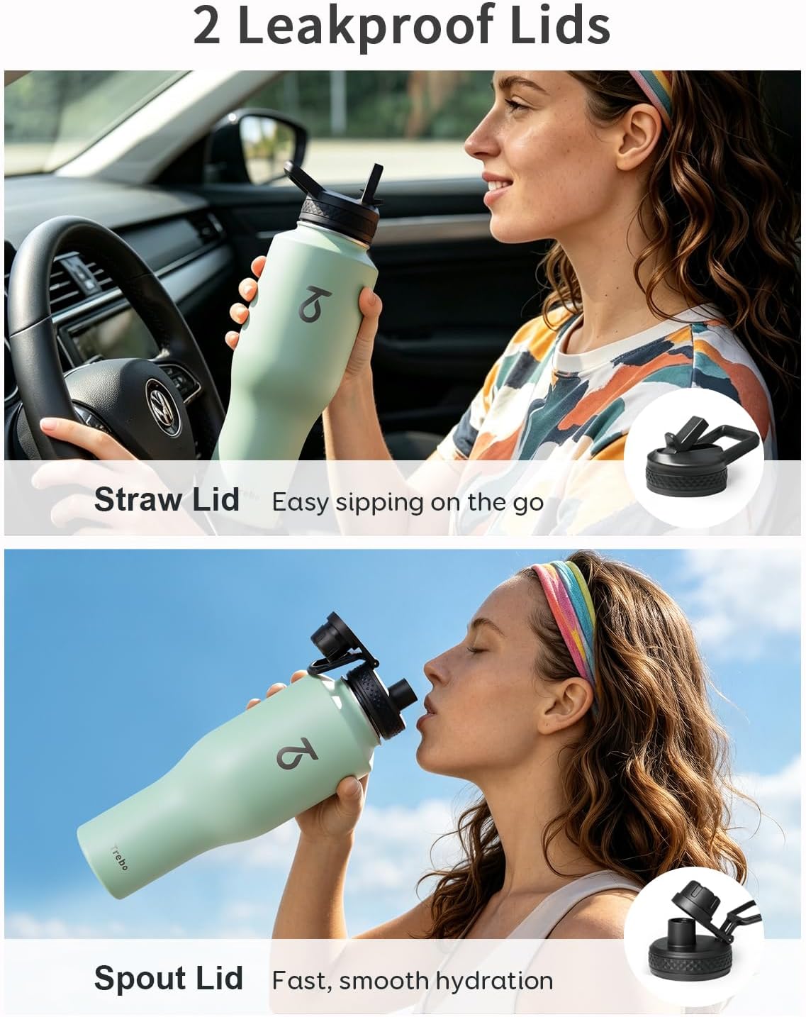 Trebo Insulated Water Bottle 40 oz Fits in Car Cup Holder with Side Handle
