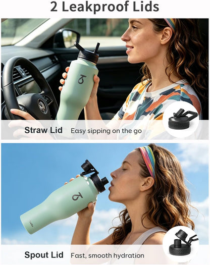 Trebo Insulated Water Bottle 40 oz Fits in Car Cup Holder with Side Handle