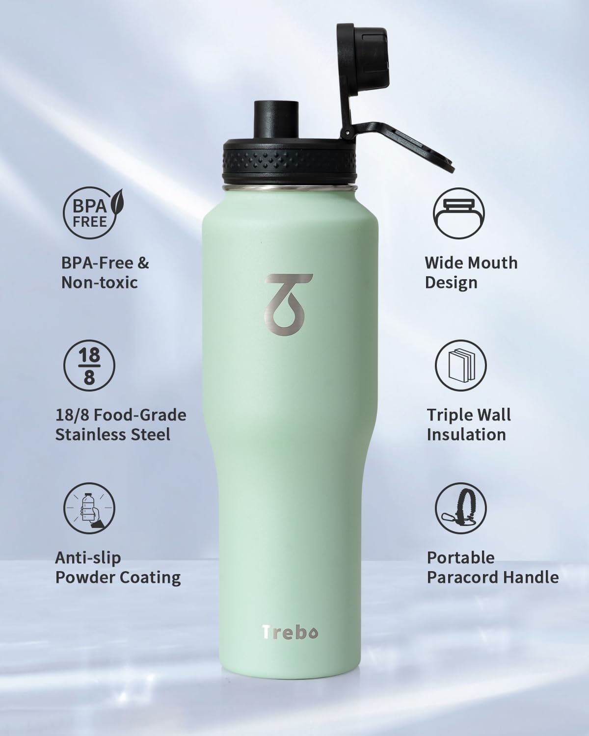 Trebo Insulated Water Bottle 40 oz Fits in Car Cup Holder with Side Handle