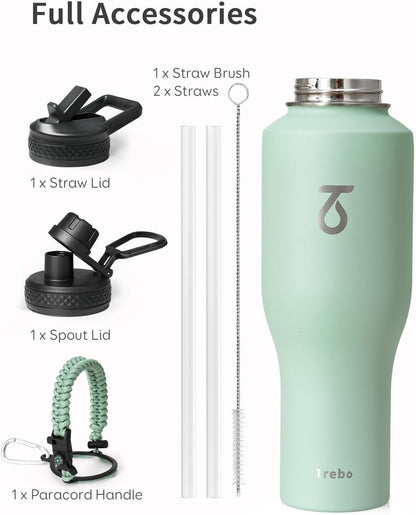 Trebo Insulated Water Bottle 40 oz Fits in Car Cup Holder with Side Handle