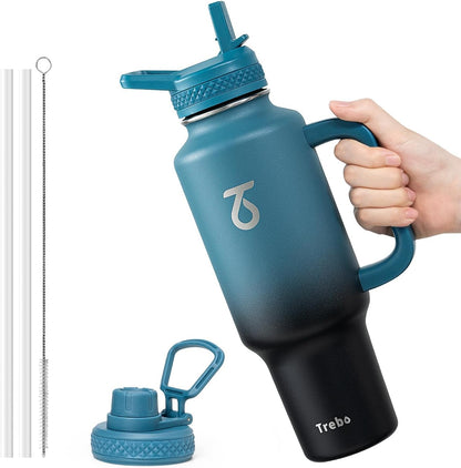Trebo Insulated Water Bottle 40 oz Fits in Car Cup Holder with Side Handle