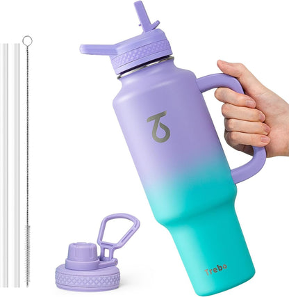 Trebo Insulated Water Bottle 40 oz Fits in Car Cup Holder with Side Handle