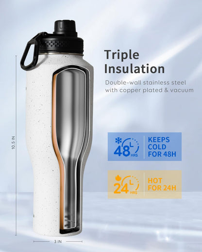 Trebo Insulated Water Bottle 40 oz Fits in Car Cup Holder with Side Handle