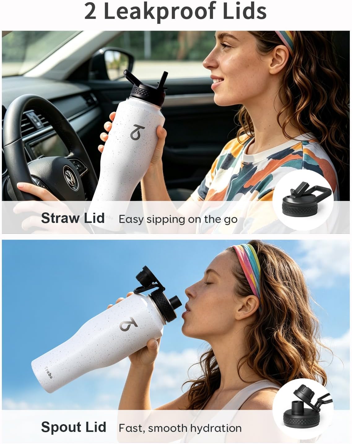 Trebo Insulated Water Bottle 40 oz Fits in Car Cup Holder with Side Handle