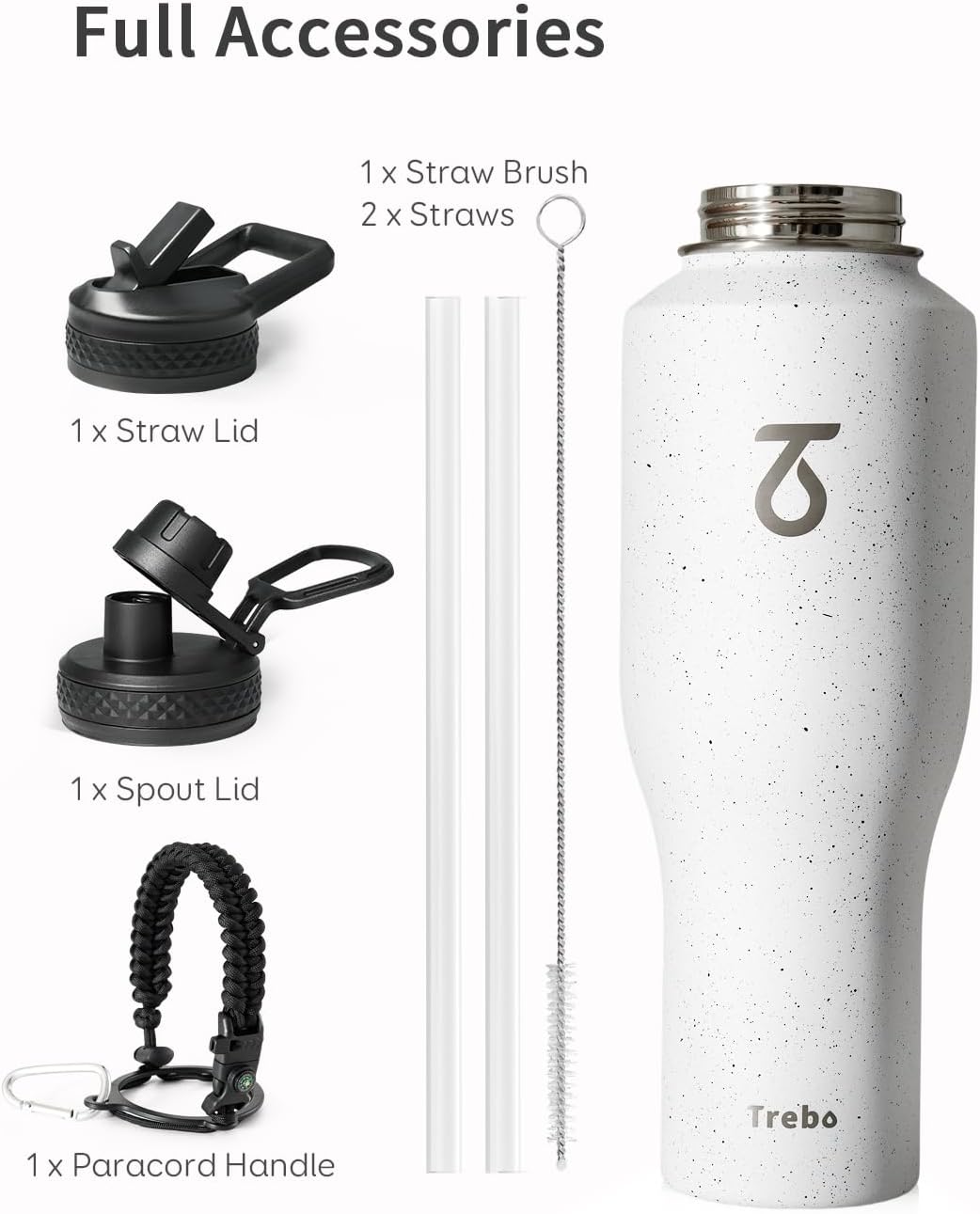 Trebo Insulated Water Bottle 40 oz Fits in Car Cup Holder with Side Handle