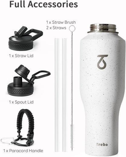 Trebo Insulated Water Bottle 40 oz Fits in Car Cup Holder with Side Handle