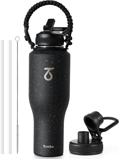 Trebo Insulated Water Bottle 40 oz Fits in Car Cup Holder with Side Handle