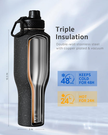Trebo Insulated Water Bottle 40 oz Fits in Car Cup Holder with Side Handle