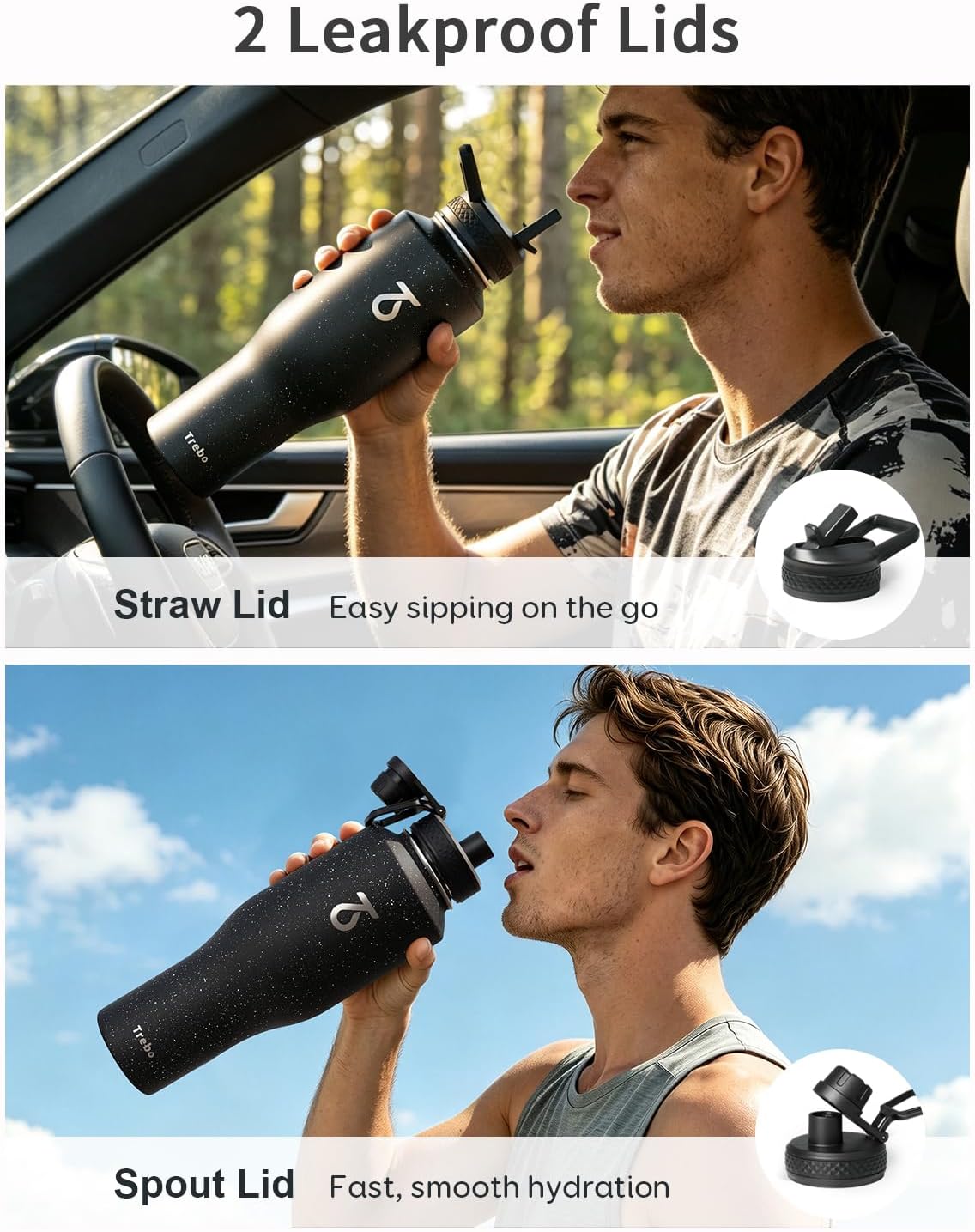 Trebo Insulated Water Bottle 40 oz Fits in Car Cup Holder with Side Handle