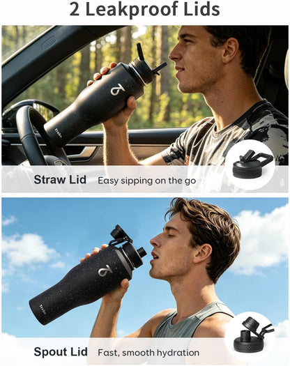 Trebo Insulated Water Bottle 40 oz Fits in Car Cup Holder with Side Handle
