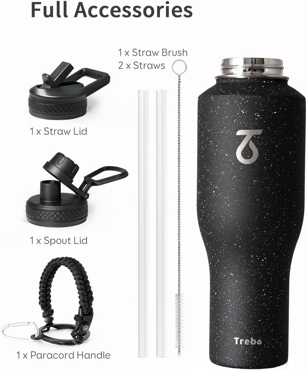 Trebo Insulated Water Bottle 40 oz Fits in Car Cup Holder with Side Handle