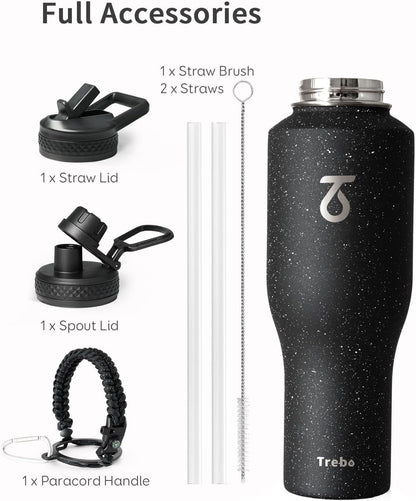 Trebo Insulated Water Bottle 40 oz Fits in Car Cup Holder with Side Handle