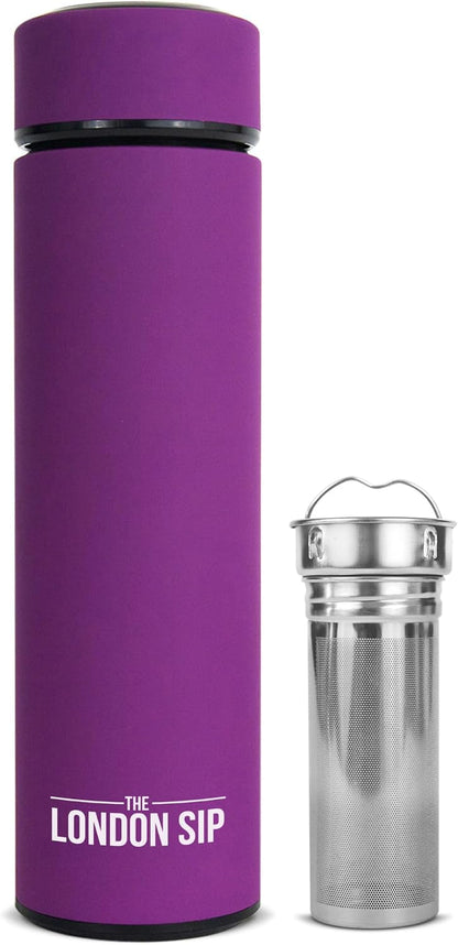 Multi-Purpose Travel Mug and Tumbler Fruit Infused Flask Hot and Cold Double Wall Stainless Steel Thermos with Extra-Long Infuser, Purple