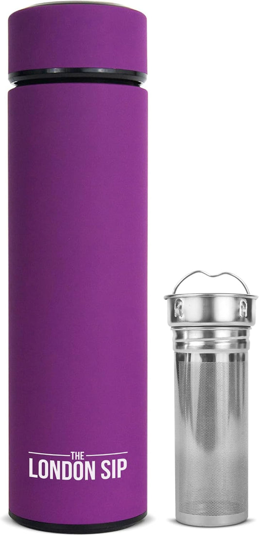 Multi-Purpose Travel Mug and Tumbler Fruit Infused Flask Hot and Cold Double Wall Stainless Steel Thermos with Extra-Long Infuser, Purple