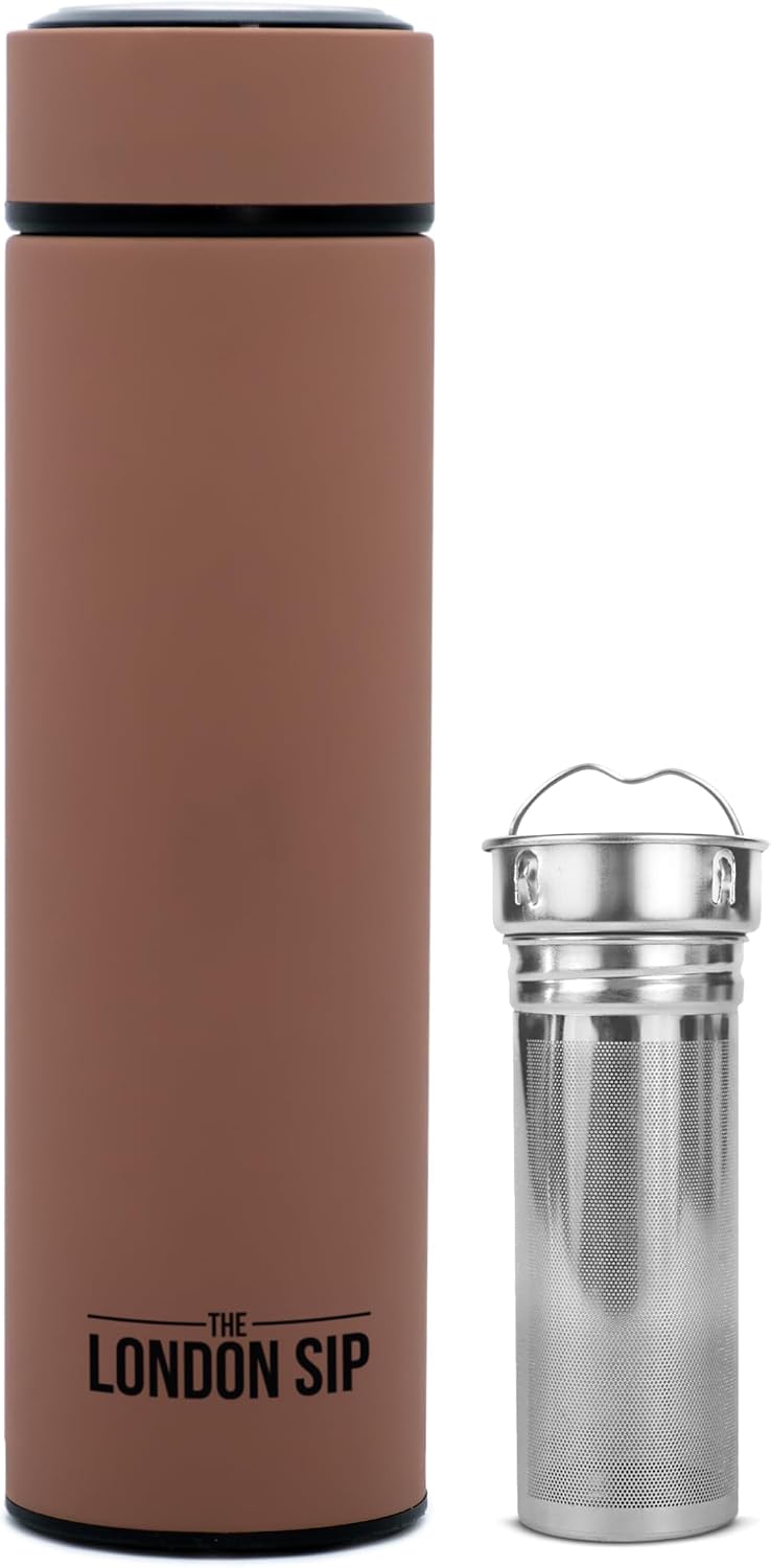 Multi-Purpose Travel Mug and Tumbler Fruit Infused Flask Hot and Cold Double Wall Stainless Steel Thermos with Extra-Long Infuser, Purple