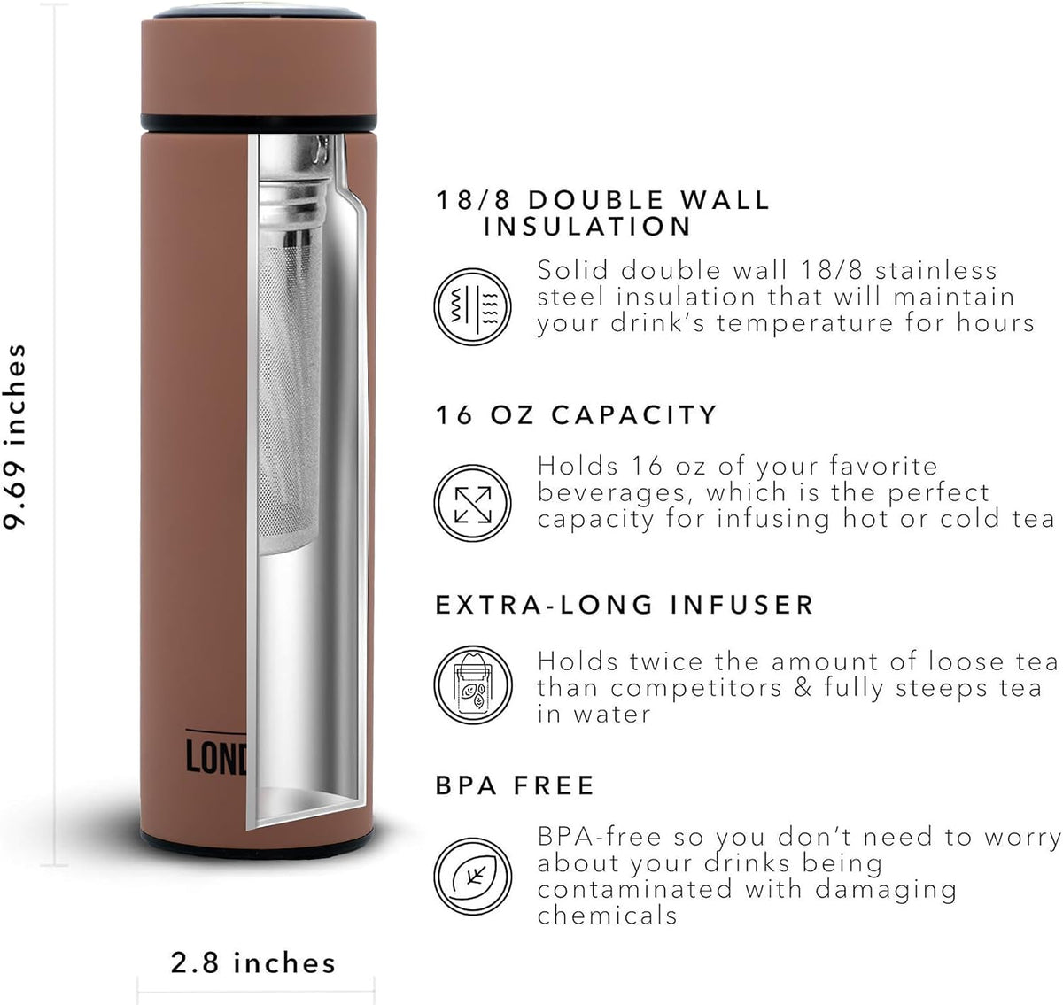 Multi-Purpose Travel Mug and Tumbler Fruit Infused Flask Hot and Cold Double Wall Stainless Steel Thermos with Extra-Long Infuser, Purple