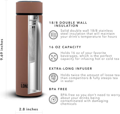 Multi-Purpose Travel Mug and Tumbler Fruit Infused Flask Hot and Cold Double Wall Stainless Steel Thermos with Extra-Long Infuser, Purple