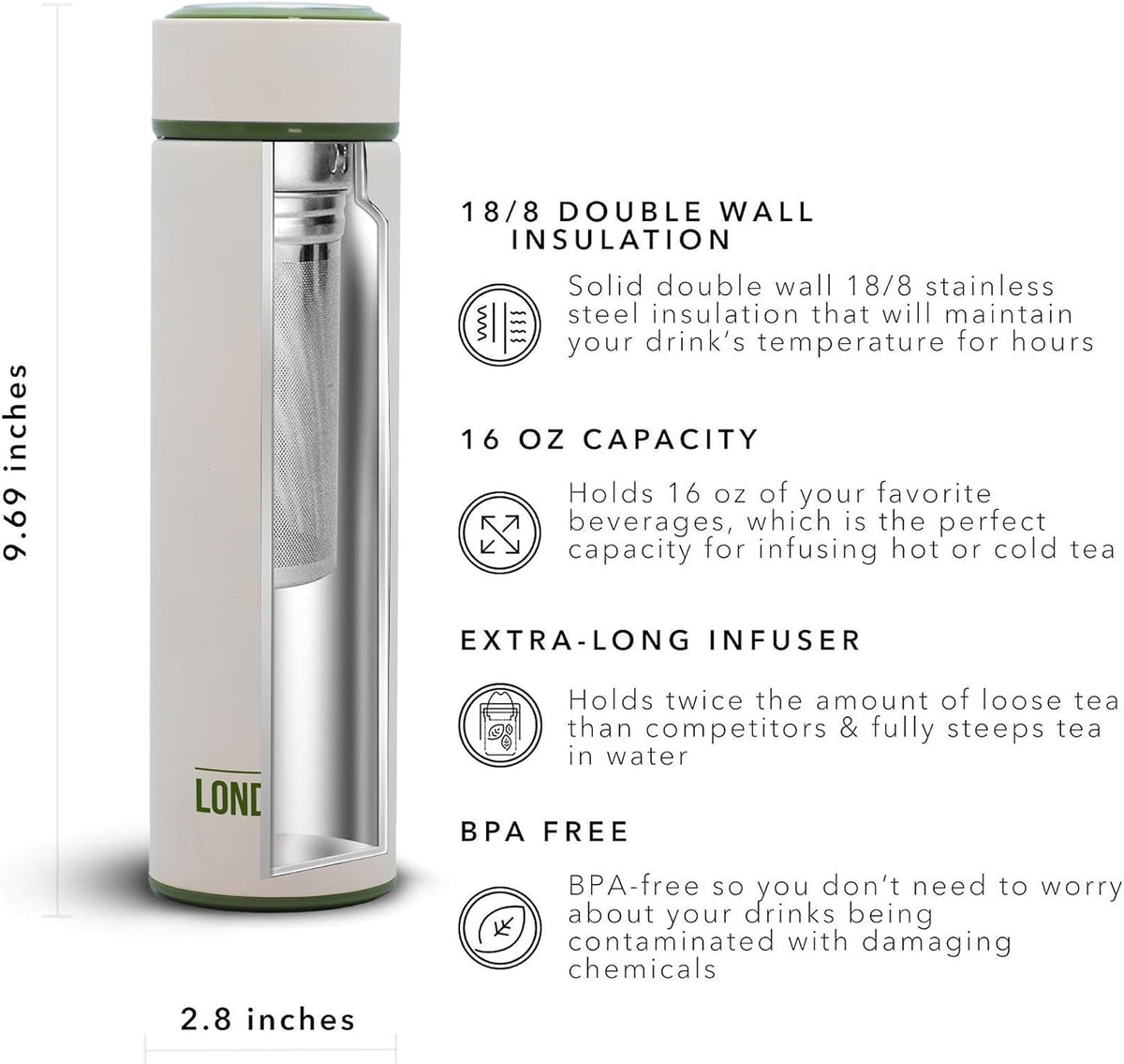 Multi-Purpose Travel Mug and Tumbler Fruit Infused Flask Hot and Cold Double Wall Stainless Steel Thermos with Extra-Long Infuser, Purple