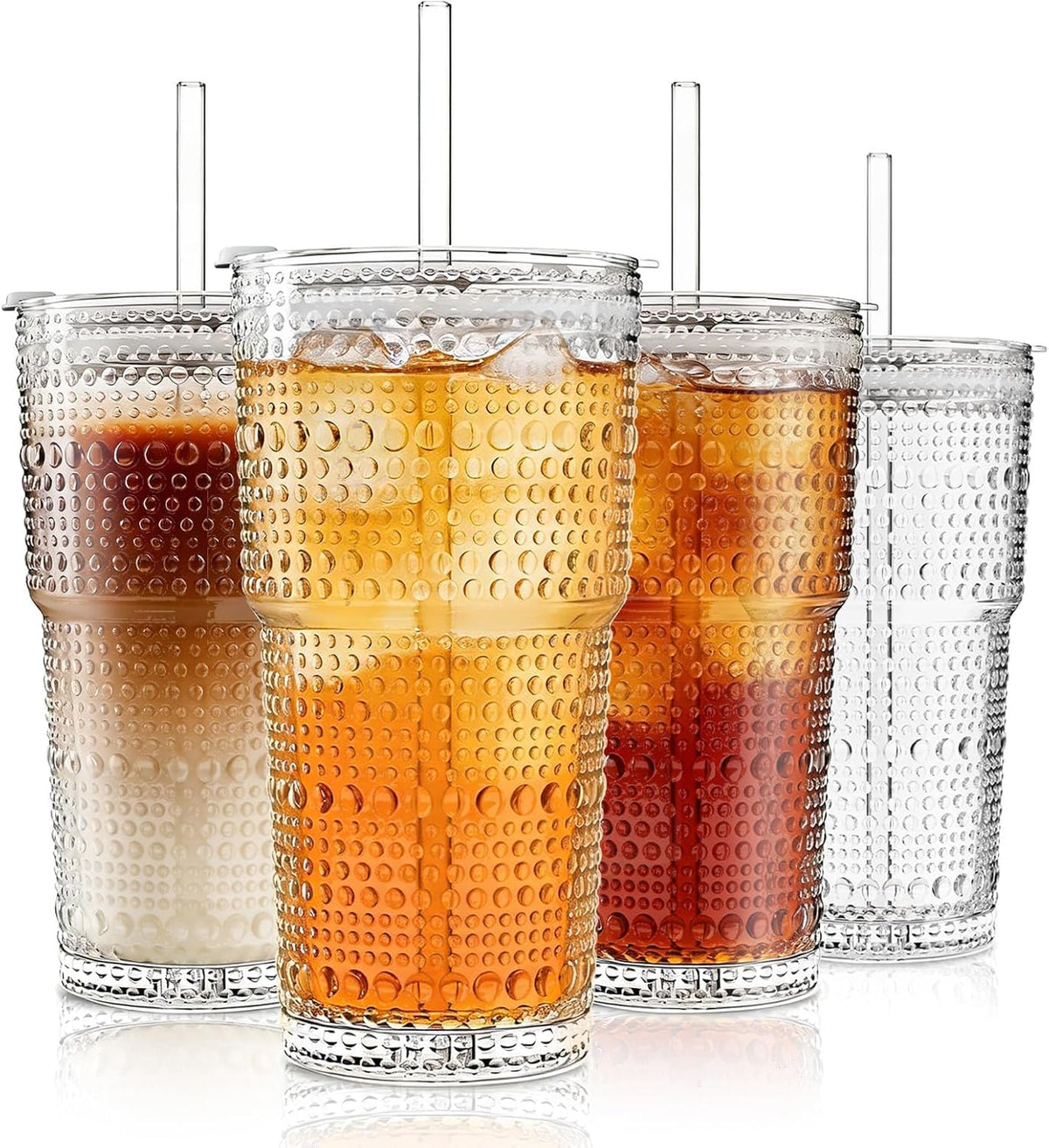20 oz Hobnail Glass Cups with Lids and Glass Straws –, Thick-Walled Glass Tumblers for Iced Coffee, Smoothies, Milk, Water, Juice, and More – Elegant and Durable Drinking Glasses