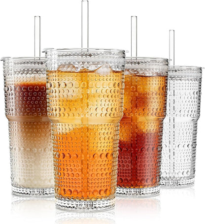 20 oz Hobnail Glass Cups with Lids and Glass Straws –, Thick-Walled Glass Tumblers for Iced Coffee, Smoothies, Milk, Water, Juice, and More – Elegant and Durable Drinking Glasses