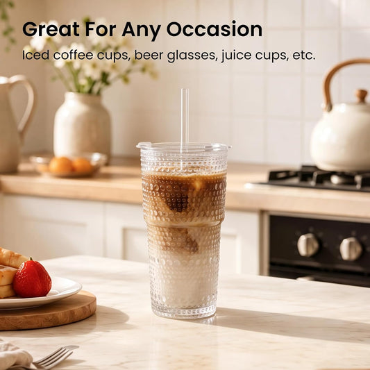 20 oz Hobnail Glass Cups with Lids and Glass Straws –, Thick-Walled Glass Tumblers for Iced Coffee, Smoothies, Milk, Water, Juice, and More – Elegant and Durable Drinking Glasses