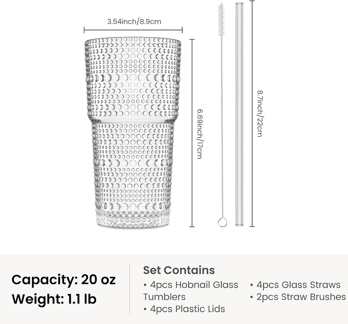20 oz Hobnail Glass Cups with Lids and Glass Straws –, Thick-Walled Glass Tumblers for Iced Coffee, Smoothies, Milk, Water, Juice, and More – Elegant and Durable Drinking Glasses